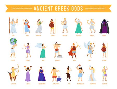 Ancient Greek pantheon gods and goddesses flat vector illustrations set. Titans and heroes. Mythology. Olympian deities. Divine mythological figures. Isolated cartoon charactersのイラスト素材