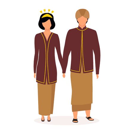 Indonesians flat vector illustration. Couple holding hands. Indigenous people. Asian culture. Adult family. People dressed in national clothing isolated cartoon character on white backgroundのイラスト素材