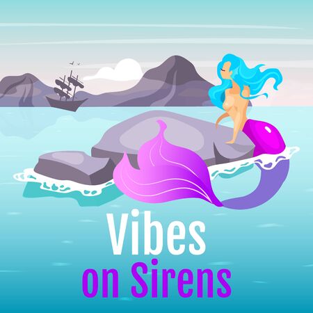 Vibes of sirens social media post mockup. Greek mythological creatures. Mermaid on ocean reef. Web banner design template. Social media booster, content layout. Poster with flat illustrationsのイラスト素材