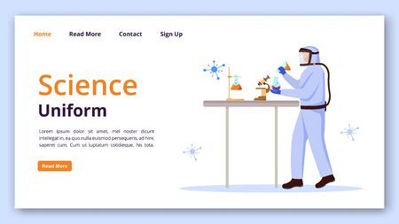 Science uniform landing page vector template. Protection suit for laboratory website interface idea with flat illustrations. Chemist equipment homepage layout, web banner, webpage cartoon conceptのイラスト素材