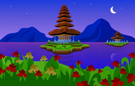 Pura Ulun Danu Bratan flat vector illustration. Hindu Shaivite water temple on Bali. Night. Temple complex in Indonesia. Religious building on lake by nightのイラスト素材