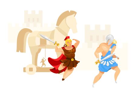 Trojan war flat vector illustration. Troy and Achilles. Warriors fight. City assault in horse contruction. Greek mythology. Homer iliad. Battle scene isolated cartoon character on white backgroundのイラスト素材