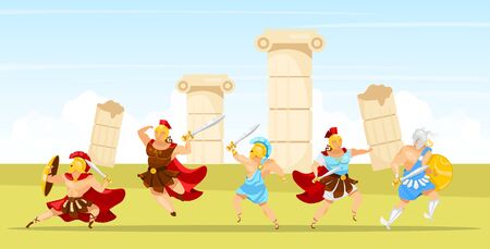 Battle scene flat vector illustration. Gladiators fight. Man with swords and shield. Columns and pillar ruins. Fighter with weapons. Spartan army. Greek mythology. Warriors cartoon charactersのイラスト素材