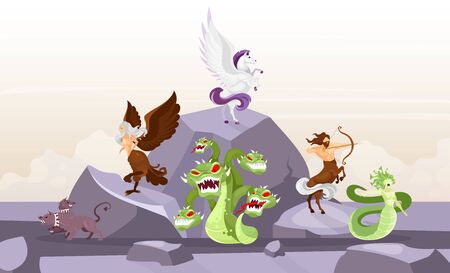 Mythological creatures flat vector illustration. Hydra and cerberus. Pegasus and harpy. Centaurus and meduse gorgone. Fairy beasts on mountain. Greek mythology. Fantastical cartoon charactersのイラスト素材