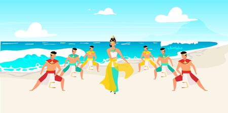 Indonesian dances flat vector illustration. Traditional celebration on ocean shore. Waterscape. Asian celebration. Men and woman dressed in traditional clothing cartoon charactersのイラスト素材