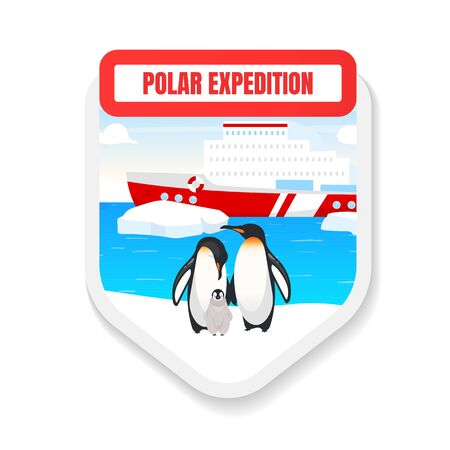 Polar expedition flat color vector badge. Animal rescue. Penguin observation. Boat cruise.のイラスト素材
