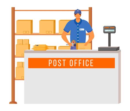 Post office male worker flat color vector illustration. Man checks and scans packages. Post service delivery. Parcels collection point isolated cartoon character on white backgroundのイラスト素材