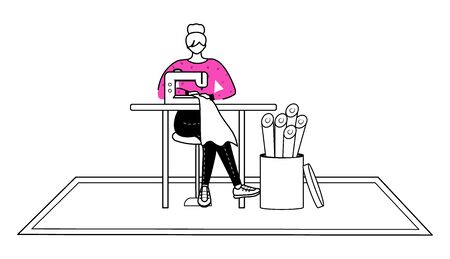 Fashion designer atelier flat contour vector illustration. Assistant with sewing machine isolated cartoon outline character on white background. Designing and reparing clothes simple drawingのイラスト素材