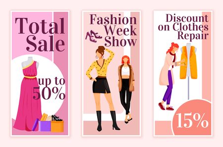 Fashion total sale flyers flat vector templates set. Clothes repair discount printable leaflet design layout. Fashion week show advertising web vertical banner, social media storiesのイラスト素材