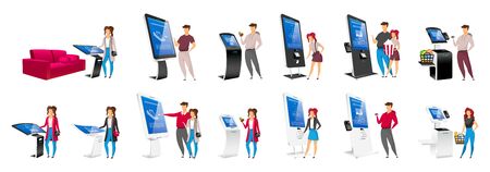 People using self order kiosks flat color vector faceless characters set. Interactive machine users isolated cartoon illustrations on white background. Electronic eqipment and touchscreen countersのイラスト素材