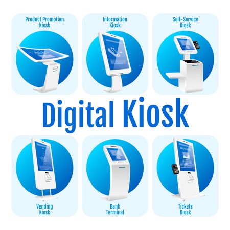 Digital kiosk vector infographic template. Different self service software poster, booklet page concept design with flat illustrations. Innovative technology advertising flyer, info banner ideaのイラスト素材