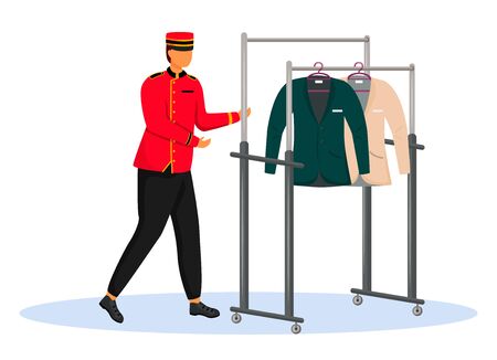 Porter in red uniform flat color vector illustration. Bellman carrying cart with clothes. Hotel staff with equipment, service worker. Bellhop isolated cartoon character on white backgroundのイラスト素材