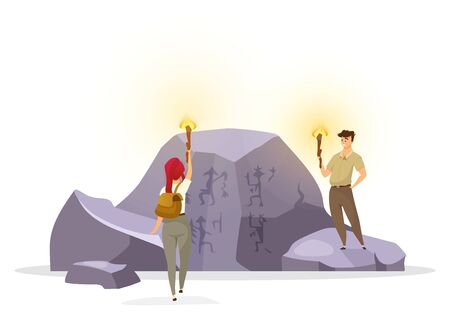Tourists in cave flat vector illustration. Expedition group observing wall painting on rock. Prehistoric culture. Woman and man with torches discover mural pictures. Explorers cartoon charactersのイラスト素材