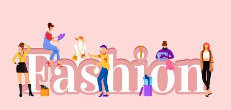 Fashion word concepts flat color vector banner. Catwalk models and designers assistants. Isolated typography with tiny cartoon characters. Designing clothes creative illustration isolated on pinkのイラスト素材