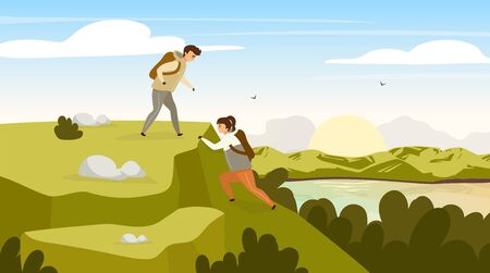 Climbing group flat vector illustration. Hikers couple on mountain hill. Man and woman on peak. Sunrise on river stream. Panoramic landscape scene. Tourist group cartoon charactersのイラスト素材