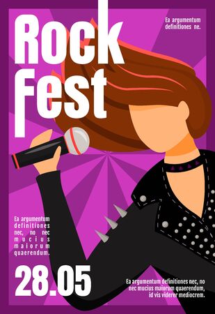 Rock fest brochure template. Female vocalist. Concert, event. Flyer, booklet, leaflet concept with flat illustration. Vector page cartoon layout for magazine. Advertising invitation with text spaceのイラスト素材