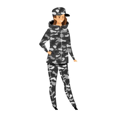 Female soldier flat color vector illustration. Person in camouflage outerwear. Woman in military style uniform. Survival style garment. Expeditioner isolated cartoon character on white backgroundのイラスト素材