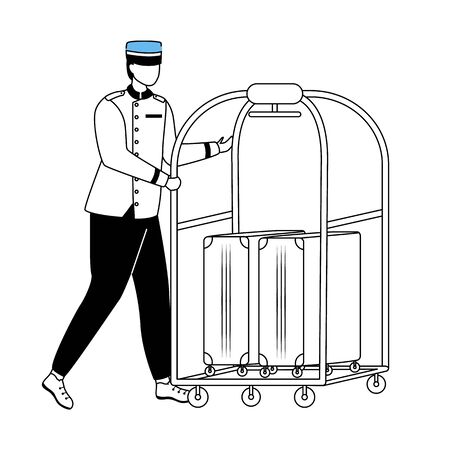 Porter flat vector illustration. Hotel service. Staff in uniform carrying guest baggage. Bellboy with suitcases. Bellhop with luggage cart. Bellman cartoon character with outline on whiteのイラスト素材