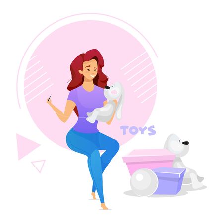 Woman making plush toys flat color vector illustration. Female character sewing handmade stuffed toy animal. Girl creating plaything. Craftsmanship. Isolated cartoon character on white backgroundのイラスト素材