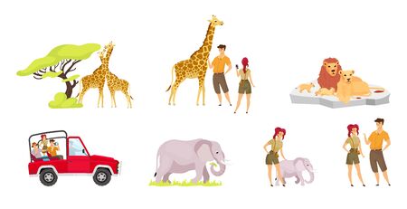 African expedition flat vector illustrations set. Pair of giraffes near tree. Tourist group in car. Woman and man observe elephants. Lion family. People and animal isolated cartoon charactersのイラスト素材