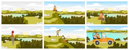 Forest expedition flat vector illustration. Tourist group in car on green landscape. River stream, water body. Man and woman sitting. People climbing hill. Female and male cartoon charactersのイラスト素材