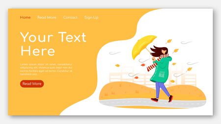 Woman in raincoat landing page flat color vector template. Female with umbrella homepage layout. Autumn nature one page website interface with cartoon character. Windy weather web banner, webpageのイラスト素材
