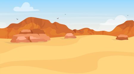 Dunes flat vector illustration. Sand desert exploration. Panoramic egyptian landscape. Arabic wilderness. African land. Draught environment. Plato view. Mountain hills. Wasteland cartoon backgroundのイラスト素材