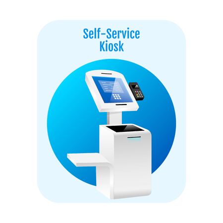 Self service kiosk flat concept icon. Payment terminal sticker, clipart. Digital software with sensor interface. Freestanding banking construction isolated cartoon illustration on white backgroundのイラスト素材