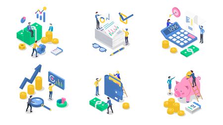 Accounting and audit isometric color vector illustration set. Business analytics and planning. Salary payment. Saving money. Banking. Bookkeeping. Investment. 3d concept isolated on white backgroundのイラスト素材