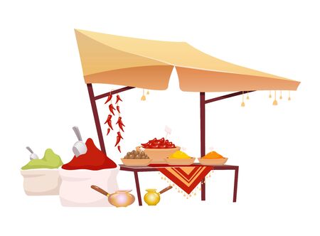 Indian bazaar tent with spices cartoon vector illustration. Eastern market awning with exotic seasoning, traditional herbs flat color object. Oriental canopy isolated on white backgroundのイラスト素材