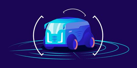 Driverless car flat color vector illustration. Futuristic autonomous transport, framed self driving van on blue background. Smart transport detection system interface, virtual showroom conceptのイラスト素材