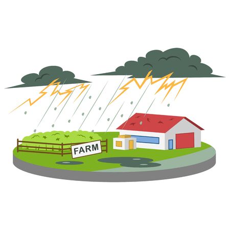 Thunderstorm at farm cartoon vector illustration. Thunder and lightning. Heavy rain and hail. Extreme weather conditions. Calamity. Flat color natural disaster isolated on white backgroundのイラスト素材