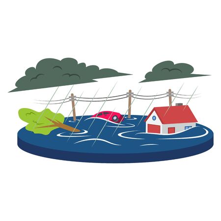 Flood cartoon vector illustration. Inundation, deluge. Flowing water. Flooded living area. Cataclysm. Heavy rain. Extreme weather conditions. Flat color natural disaster isolated on white backgroundのイラスト素材