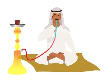 Muslim man smoking hookah flat color vector faceless character. Arabian, islamic guy and nargile. Eastern smoking culture. Saudi male adult in hijab with shisha isolated cartoon illustration on white.のイラスト素材