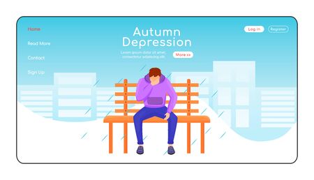 Autumn depression landing page flat color vector template. Seasonal melancholy homepage layout. Depressed guy in sweatshirt one page website interface with cartoon character. Wet weather web bannerのイラスト素材