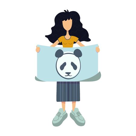 Zero waste flat cartoon vector illustration. Standing woman holds banner with panda. Animals caring. Ready to use 2d character template for commercial, animation, printing design. Isolated comic heroのイラスト素材