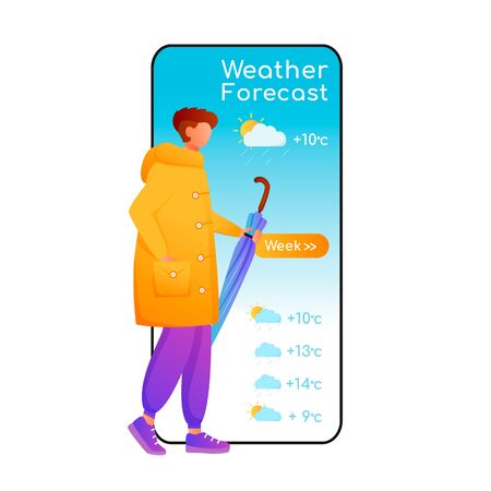 Weather forecast cartoon smartphone vector app screen. Mobile phone display with flat character design mockup. Male with umbrella. Man in raincoat. Meteorology application telephone interfaceのイラスト素材