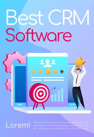 Best CRM software poster flat vector template. Businessman keeps star. Arrow in target. Brochure, booklet one page concept design with cartoon characters. Marketing automation flyer, leafletのイラスト素材