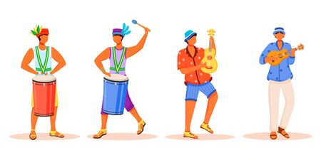 Brazil carnival musicians flat color vector faceless characters set. Latino men playing on...
