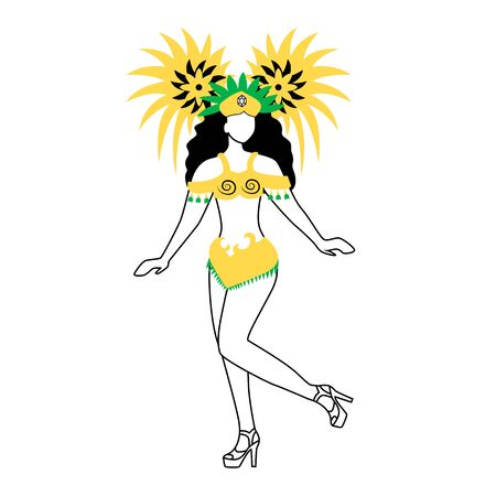 Brazilian carnival dancer flat silhouette vector illustration. Lady in traditional wear. Masquerade. 2D isolated outline character on white background. Woman in festive headdress simple style drawingのイラスト素材