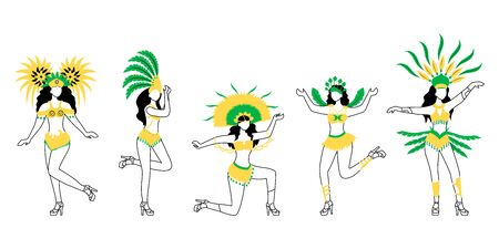 Brazil carnival dancers flat silhouette vector illustrations set. Ladies in carnival wear 2D isolated outline character on white background. Masquerade. Women in bikini. Female performers drawingのイラスト素材