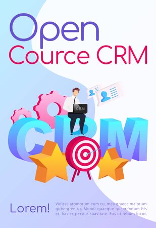 Open source CRM poster flat vector template. Company customization. Brochure, booklet one page concept design with cartoon characters. Arrow in target. Smiling man sitting on word flyer, leafletのイラスト素材
