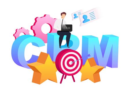 Improving information flat concept vector illustration. Smiling man sitting on word collection 2D cartoon character for web design. Arrow in target and stars. Cogwheels. CRM system creative ideaのイラスト素材