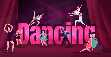 Dance word concepts flat color vector banner. Contemp, rumba competition. Typography with tiny cartoon characters. Tango, ballet, swing male and female dancers creative illustrationのイラスト素材