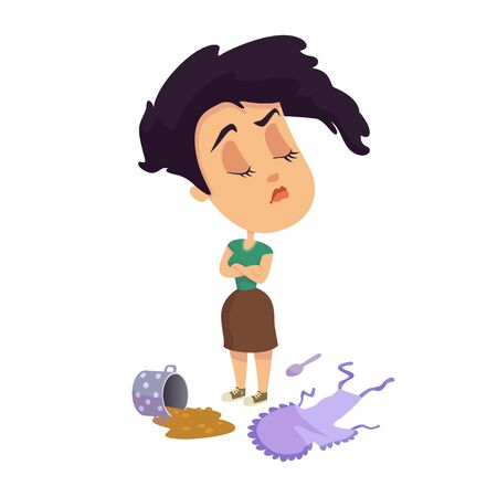 Woman refuse doing housework flat cartoon vector illustration. Taurus zodiac sign personality. Ready to use 2d character template for commercial, animation, printing design. Isolated comic heroのイラスト素材