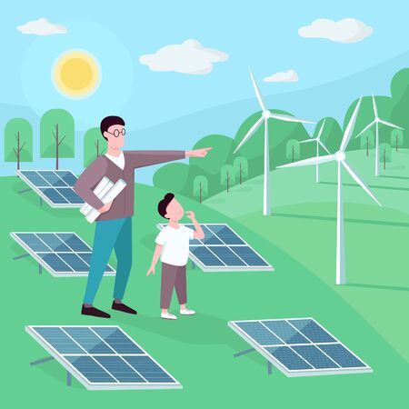 Father and son at alternative energy station flat color vector illustration. Renewable power generation. Man and kid near solar panels, wind turbines 2D cartoon characters with landscape on backgroundのイラスト素材