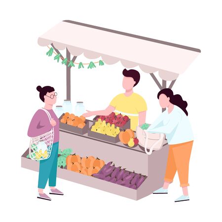Outdoor street farmer market flat vector faceless characters. Trade tent with eco products. Buyers choosing natural and organic assortment isolated cartoon illustration for web design and animationのイラスト素材
