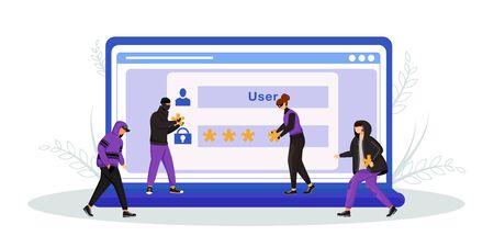 Internet scam flat concept vector illustration. Password, identity theft 2D cartoon characters for web design. Cyber security. Personal data protection. Online fraud creative idea.のイラスト素材
