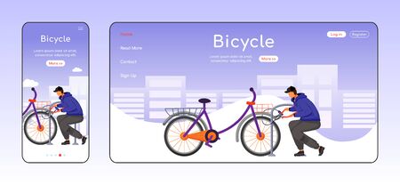 Bicycle theft adaptive landing page flat color vector template. Man stealing bike. Street burglar mobile and PC homepage layout. Outdoor robbery one page website UI. Webpage cross platform designのイラスト素材