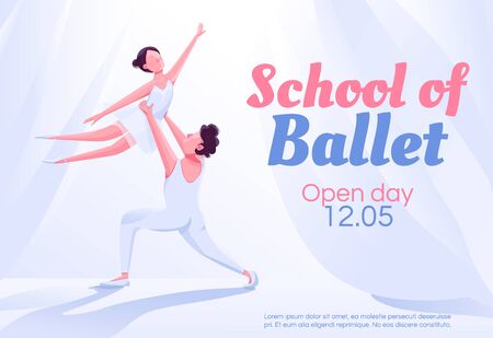 School of ballet banner flat vector template. Brochure, poster concept design with cartoon characters. Theatre dance partners movement horizontal flyer, leaflet with place for textのイラスト素材